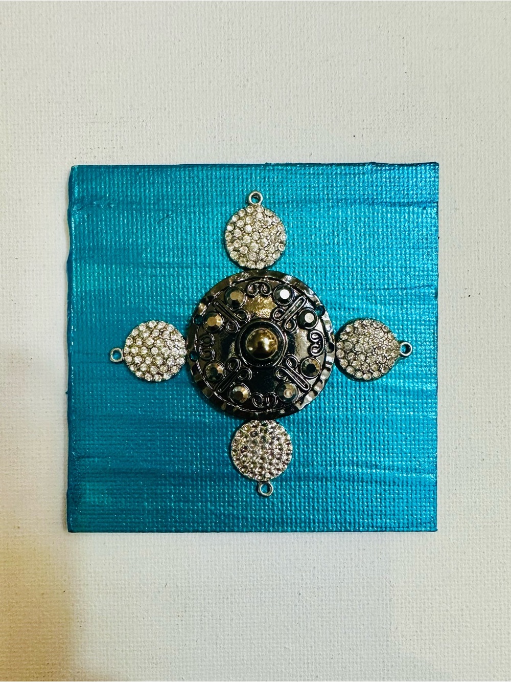 Handmade 3x3 Mixed Media Magnet Turquoise Silver Rhinestone Art